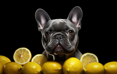 Charming portrait of a cute French Bulldog surrounded by lemons on a black background