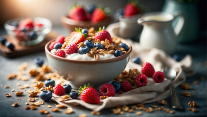 Gesundes Frühstück mit Beeren, Joghurt und Granola