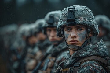 Young soldier with a solemn expression as rain drips from his helmet