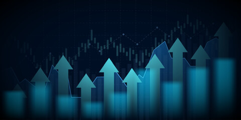 Up arrows in financial graph with uptrend line chart in stock market on blue color background