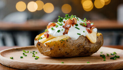 Loaded baked potato, baked potato topped with cheese, sour cream, bacon and green onion.