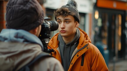 A young man holding a camera while filming on a bustling city street.
