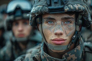 Highly detailed shot of a young soldier's face with clear eyes and camo paint