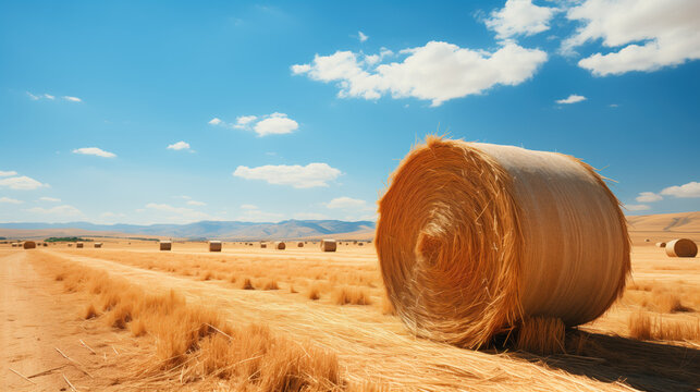 Sheaves of hay on a dry field under a blue sky.  Countryside with straw bales.