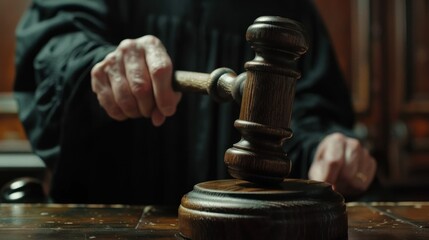 Court of Law and Justice Trial: Scales of justice and judge gavel on the table, Focus on Mallet, Hammer. closeup - obrazy, fototapety, plakaty