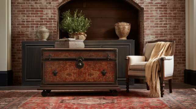 Oriental rug draped over an antique wooden chest