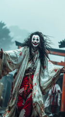 Obraz premium Man dances eerily in Japanese village, mask and kimono.generative ai