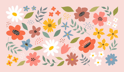 Set of hand drawn flowers, leaves and plants, floral design elements. Modern trendy abstract vector illustration. Perfect for cards, posters, invitations, covers, banners, stickers.