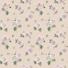 Fototapeta na wymiar Rose hip pink flowers with buds and green leaves, Victorian style, watercolor seamless pattern on beige background