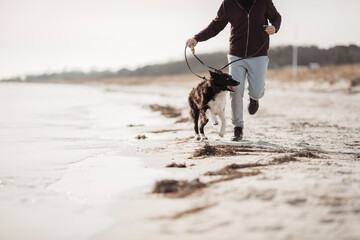 Mature man jogging on the beach with his border collie dog