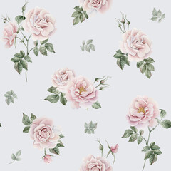 Rose hip pink flowers with buds and green leaves, Victorian style, watercolor seamless pattern on light blue background - obrazy, fototapety, plakaty