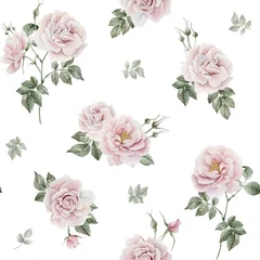 Foto op Plexiglas Rose hip pink flowers with buds and green leaves, Victorian style, watercolor seamless pattern on white background. © Leyla