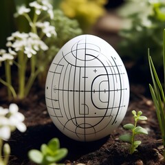 view of a white egg with drawings made in black pencils on the top