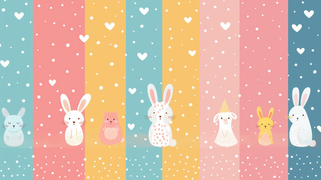 Bright vertical stripes with images of cute bunnies and figures on a background of hearts.
