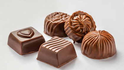 Delicious milk chocolate candies on white background. Tasty dessert