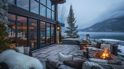 Modern outdoor Living Space in winter background. Winter evening on the patio or terasse with fire...