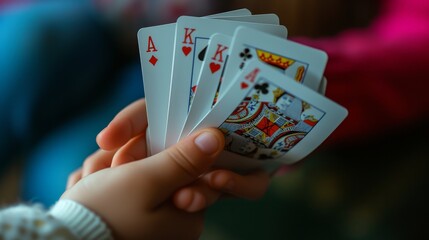 Close up of child hand holding several white playing cards, bright, design house.