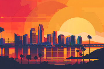 A flat gradient vector skyline illustration of San Diego., California. City in USA.