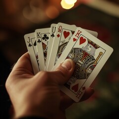 Hand holding playing cards close photo high definition.