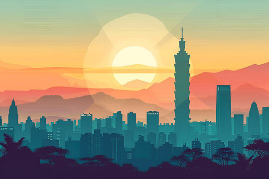 A flat vector illustration skyline of Taipei. Capital of Taiwan.