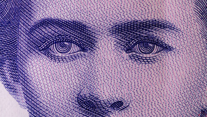 Lesya Ukrainka's eyes closeup on a two hundred hryvnia bill. Ukrainian national currency banknote fragment. Portrait of Lesya Ukrainka on Ukrainian hryvnia