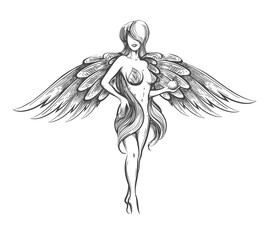 Woman with Wings Holding Apple Tattoo