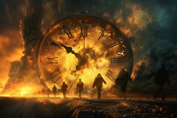 Apocalyptic clock engulfed in flames under stormy sky - A dramatic representation of a large clock engulfed in flames with figures walking towards it under a tumultuous sky