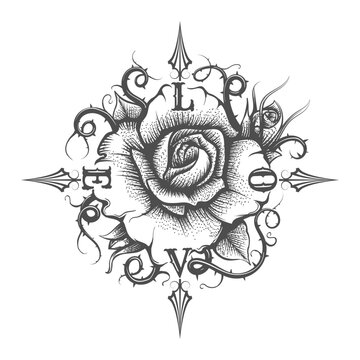Rose Flower with Thorns and Letters LOVE Tattoo