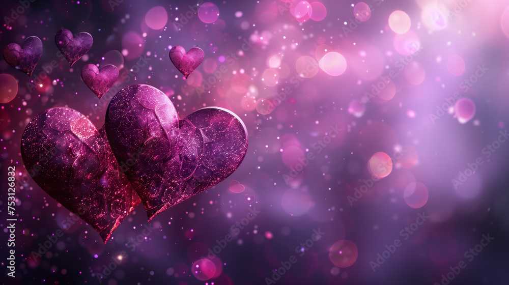 Wall mural purple background with two hearts, bokeh effect, with space for text