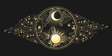 Golden Sun and Moon Esoteric Illustration Isolated on Black