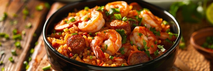 Delicious shrimp jambalaya in a bowl - The image displays a mouth-watering bowl of shrimp jambalaya, a vibrant, spiced Cajun dish packed with flavor - obrazy, fototapety, plakaty