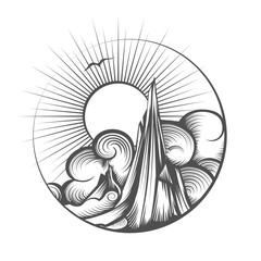 Hand Drawn Mountain Landscape Engraving Emblem