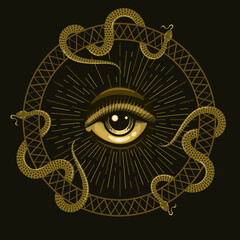 All Seeing Eye and Snakes Emblem isolated on Black Background