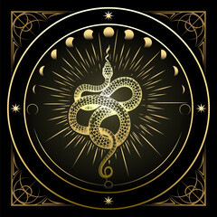 Golden Snake and Phases of Moon Astrological Illustration