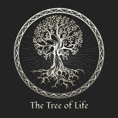 The Tree of Life in a Circle Frame Esoteric Emblem on Black Background