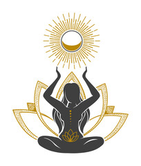 Beautiful Woman Silhouette and Mystic Symbol of Sun and Moon Esoteric Illustration