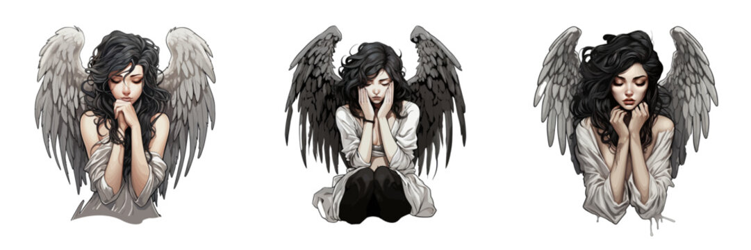 Beautiful Female Angel Crying. Vector Illustration