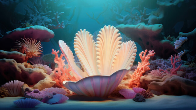 Underwater world by showcasing a shiva shell settled on a bed of colorful coral