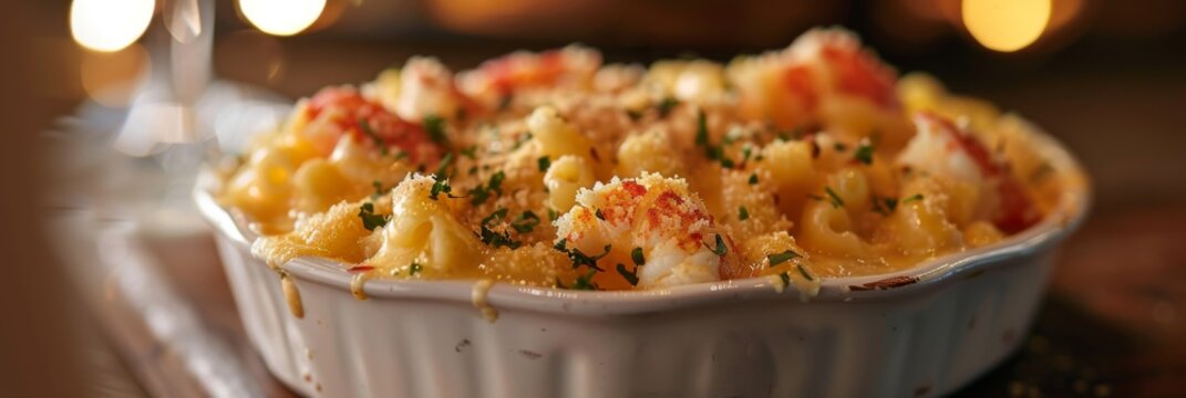 Gourmet Lobster Macaroni and Cheese Dish - An appetizing image of baked lobster mac and cheese in a white ceramic dish on a warm background