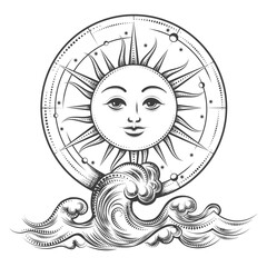 Naklejka premium Symbol of Sun and Ocean Waves Engraving Illustration