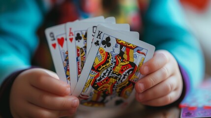Close up of child hand holding several white playing cards, bright, design house.
