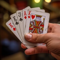 Hand holding playing cards close photo high definition.