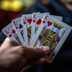 Hand holding playing cards close photo high definition.