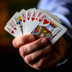 Hand holding playing cards close photo high definition.