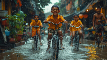 A group of children had fun playing in the water that flooded the road. During the Songkran festival in Thailand,generative ai