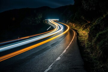 Long exposure of car light trails streaking down a highway at night, capturing the movement and energy of urban traffic.