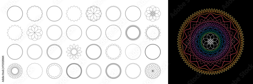 Wall mural Botanical Circle Frame collection. Full Vector Outline Style Shapes with Editable Strokes. Mandala Decoration. - Wall murals