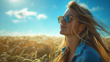Blonde Taking in Beauty of Day on Blue Background