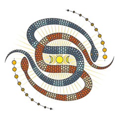 Two Snakes of Duality and Moon Astrological Esoteric Colored Emblem