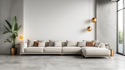 Modern Living Room Design With Comfortable White Sectional Sofa and Stylish Golden Accents